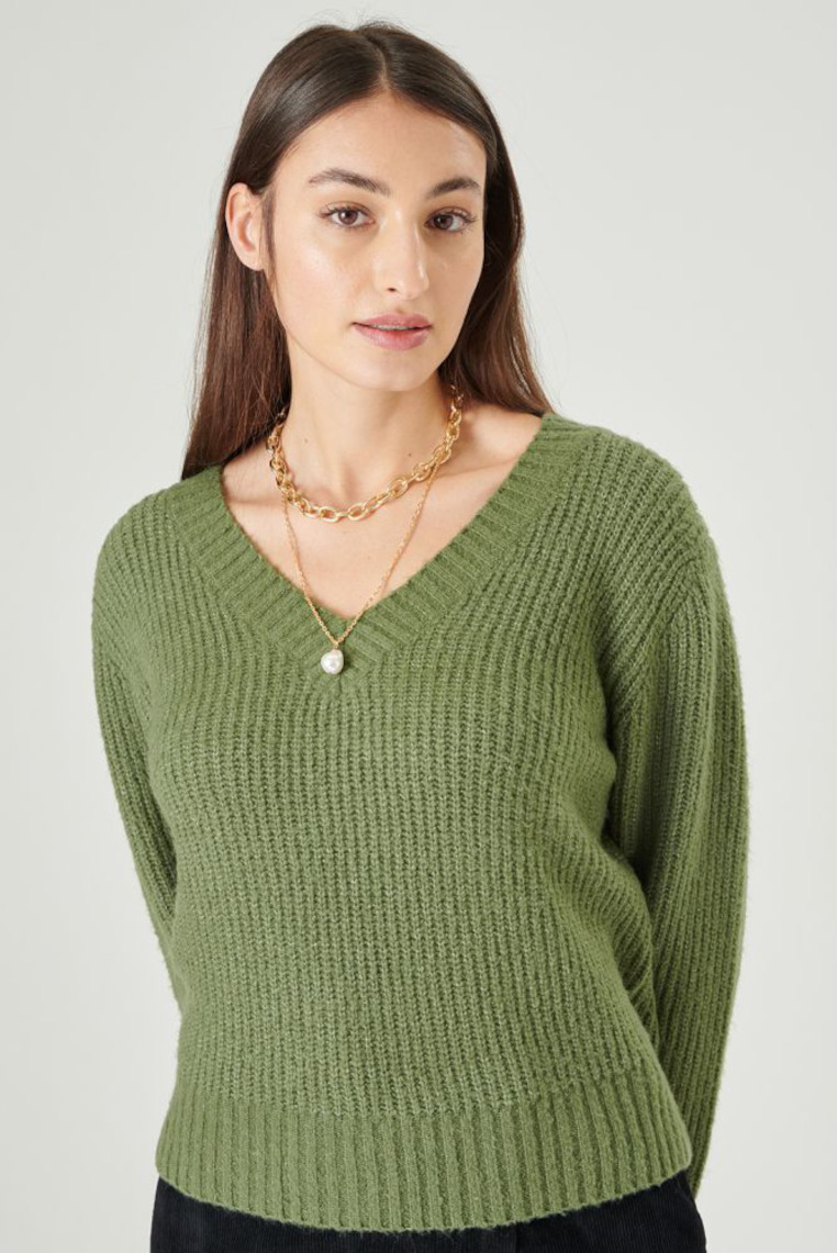 Groene gebreide sweater met v-hals van 24Colours